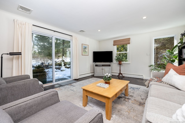 living room featuring a baseboard radiator, wood finished floors, and visible vents