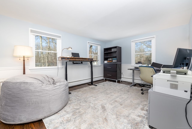 office space featuring baseboard heating and wood finished floors