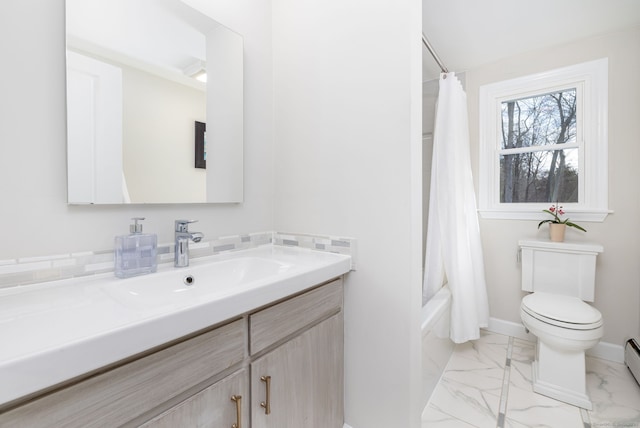 bathroom with toilet, vanity, baseboards, marble finish floor, and shower / bath combo with shower curtain