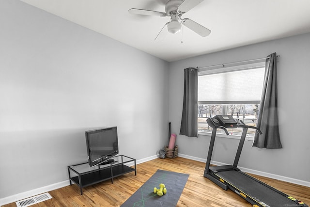 workout area with hardwood / wood-style floors and ceiling fan