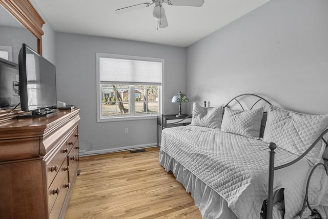 bedroom with ceiling fan and light hardwood / wood-style flooring