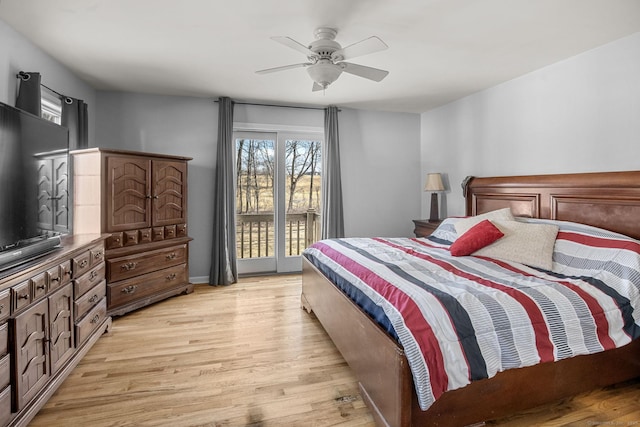 bedroom featuring ceiling fan, access to exterior, and light wood-type flooring