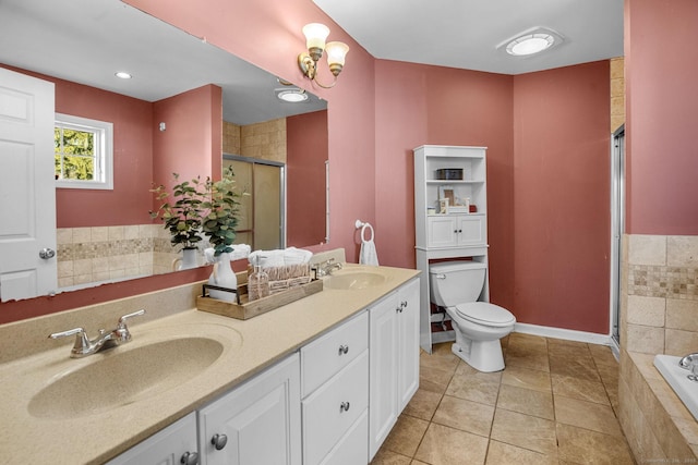 full bathroom with tile patterned floors, vanity, toilet, and plus walk in shower