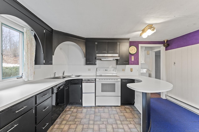 kitchen with sink, a baseboard heating unit, black dishwasher, white range with electric stovetop, and washer / clothes dryer