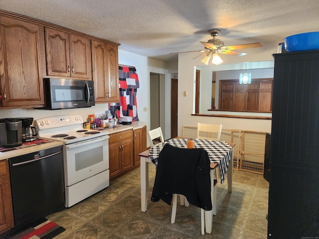 kitchen featuring ceiling fan, a textured ceiling, dishwasher, and white range with electric cooktop