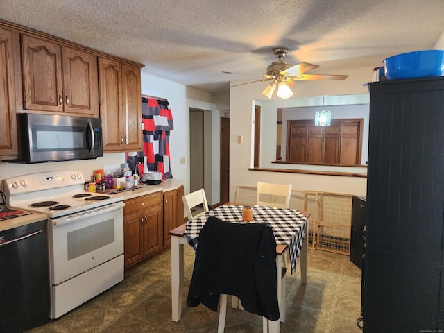 kitchen with black dishwasher, a textured ceiling, ceiling fan, and electric stove