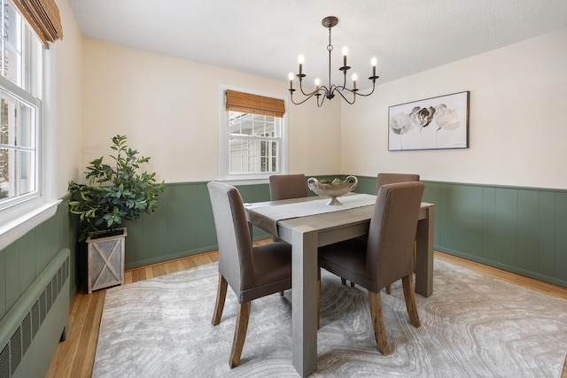 dining space with a healthy amount of sunlight, light hardwood / wood-style flooring, radiator, and a notable chandelier