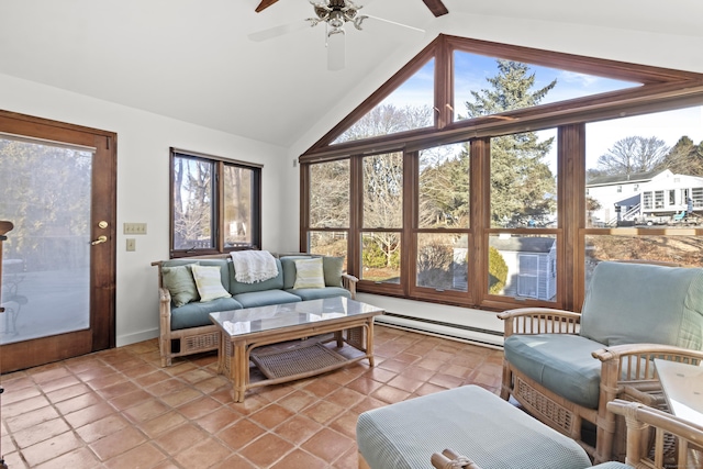 sunroom with ceiling fan and lofted ceiling