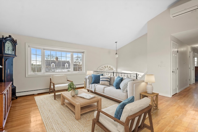 living room featuring lofted ceiling, a wall mounted AC, light hardwood / wood-style floors, and a baseboard radiator