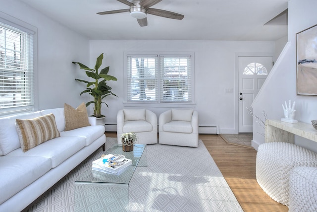 living room featuring ceiling fan, a baseboard radiator, light hardwood / wood-style floors, and a healthy amount of sunlight