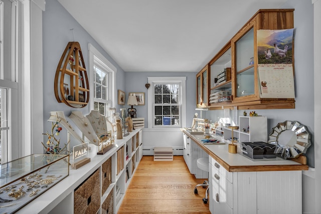 office space with light hardwood / wood-style floors and baseboard heating