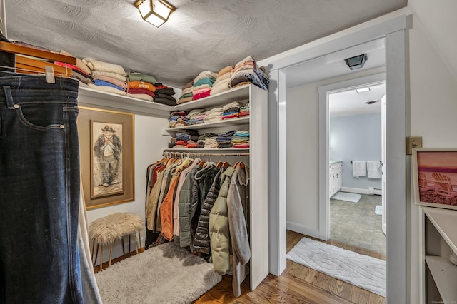 walk in closet featuring hardwood / wood-style flooring and a baseboard radiator