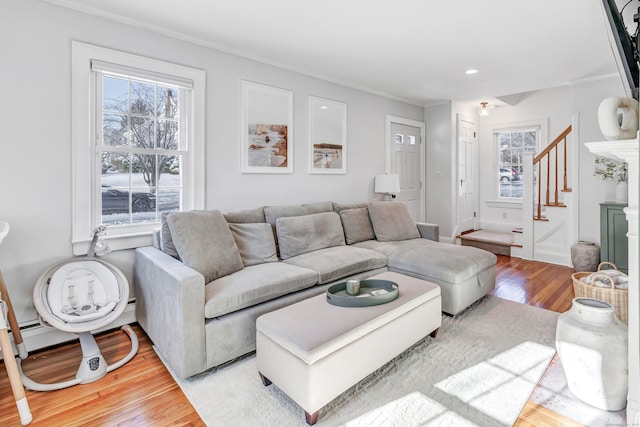 living room featuring ornamental molding and light wood-type flooring