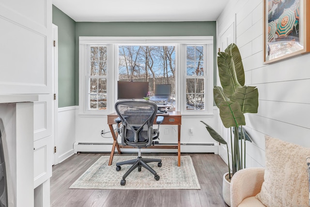 office space with light hardwood / wood-style flooring and a baseboard radiator