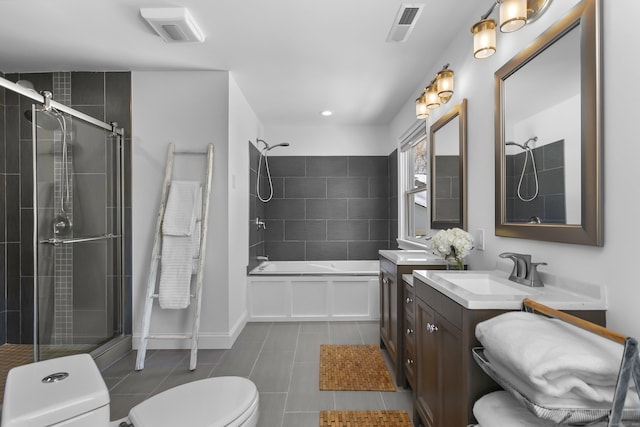 full bathroom featuring tile patterned floors, toilet, and independent shower and bath