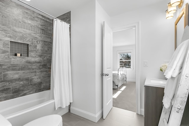 full bathroom with vanity, toilet, tile patterned floors, and shower / tub combo with curtain