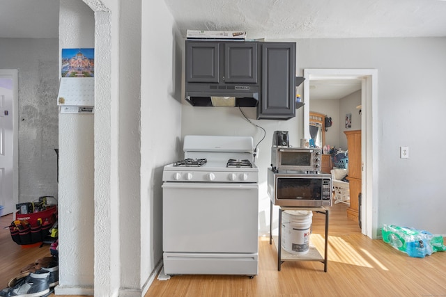 kitchen with white range with gas cooktop, light wood-type flooring, and gray cabinetry