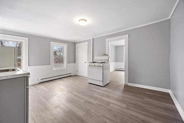 interior space featuring crown molding, a baseboard radiator, and light hardwood / wood-style floors