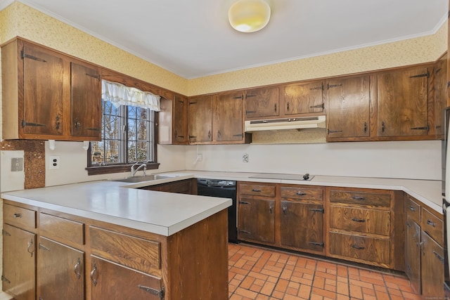 kitchen featuring ornamental molding, kitchen peninsula, sink, and black appliances