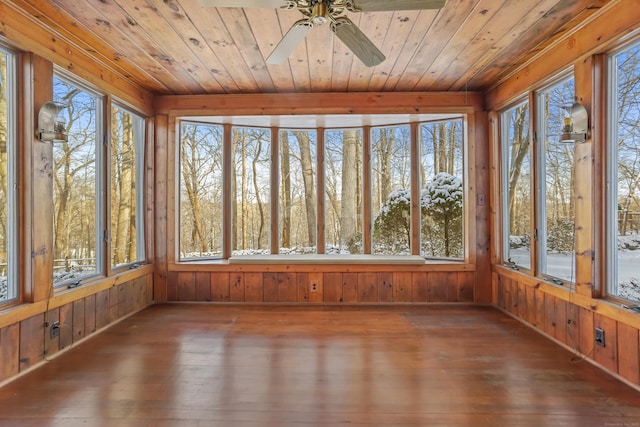 unfurnished sunroom with a healthy amount of sunlight and wooden ceiling