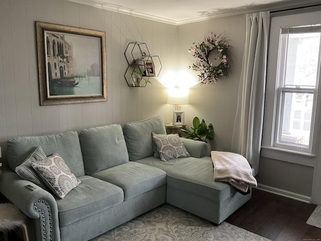 living room featuring ornamental molding and hardwood / wood-style flooring