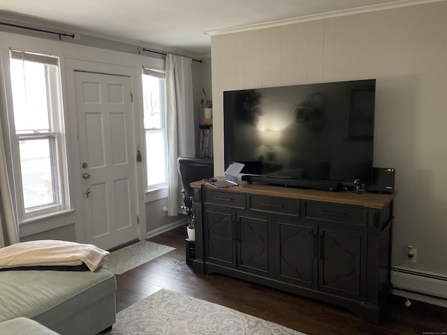 living room with a baseboard heating unit, dark wood-type flooring, and crown molding