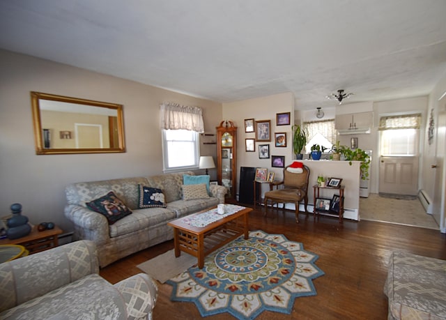 living room featuring dark wood-type flooring and baseboard heating