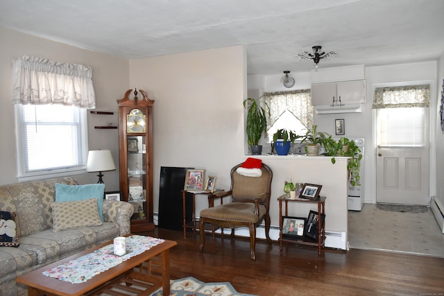 living room with dark wood-type flooring and a baseboard heating unit