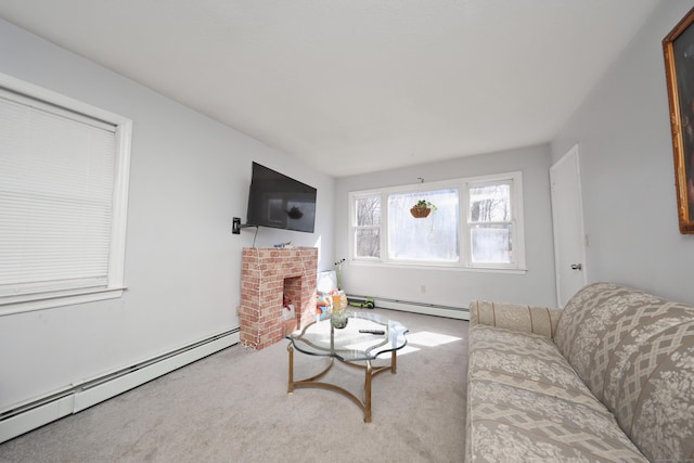 carpeted living room featuring a baseboard heating unit and a fireplace