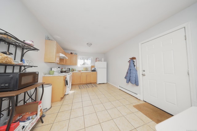 kitchen featuring light brown cabinets, light countertops, light tile patterned floors, white appliances, and a baseboard radiator