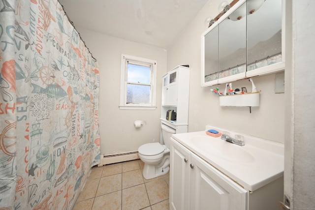 full bath with a shower with curtain, toilet, a baseboard heating unit, tile patterned flooring, and vanity