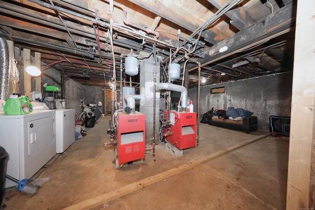 unfinished basement with washer and dryer and a heating unit