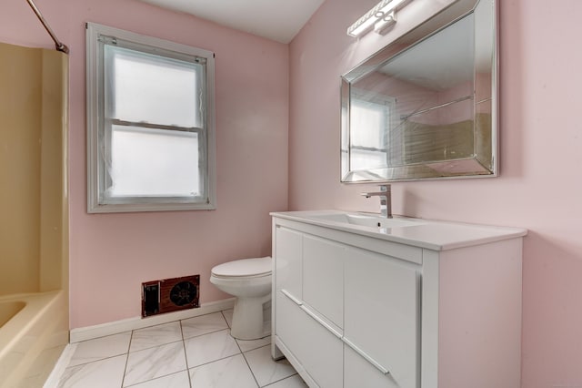 full bathroom with vanity, plenty of natural light, shower / tub combination, and toilet