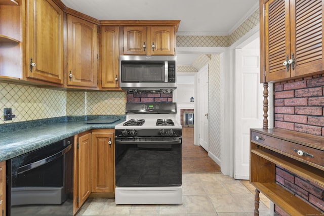 kitchen featuring light tile patterned floors, dishwasher, backsplash, ornamental molding, and white gas range