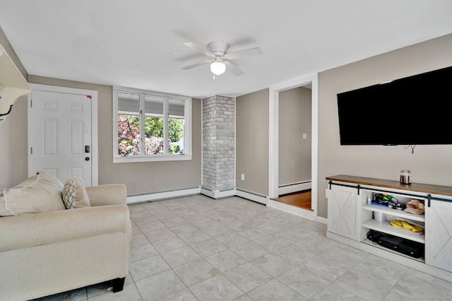4 Sparkle St, Enfield, CT 06082 - living room with ceiling fan, a baseboard radiator, light tile patterned floors, and baseboards