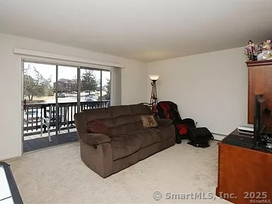 carpeted living room featuring a baseboard radiator