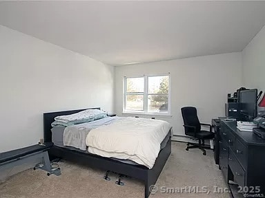 bedroom with light colored carpet