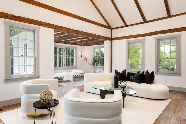 interior space with lofted ceiling with beams