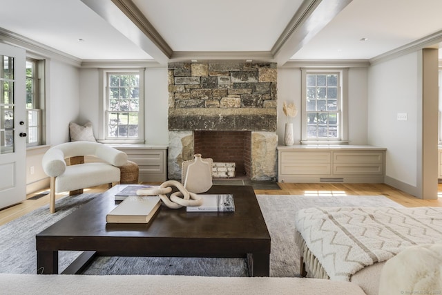 living room featuring a fireplace, crown molding, and wood-type flooring