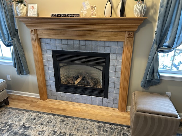 room details featuring hardwood / wood-style floors and a fireplace