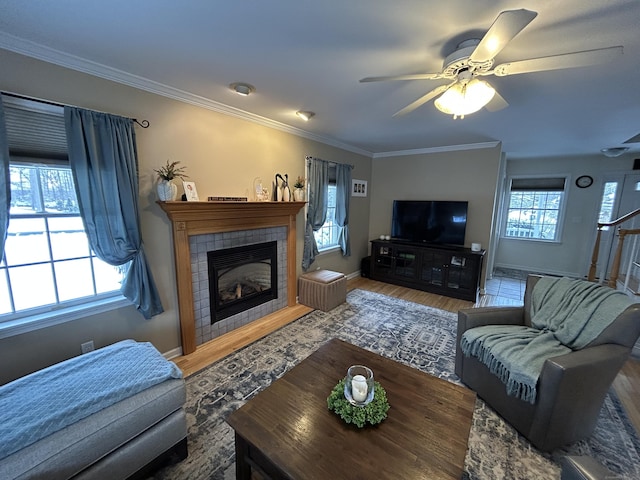 living room featuring crown molding, ceiling fan, wood-type flooring, and a tiled fireplace