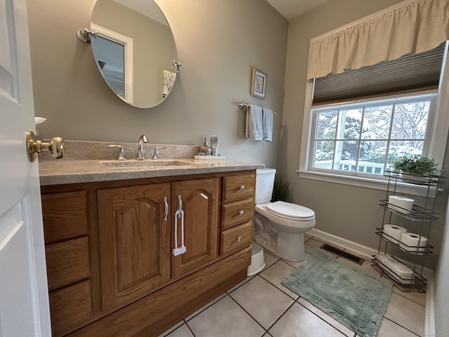 bathroom with vanity, tile patterned floors, and toilet