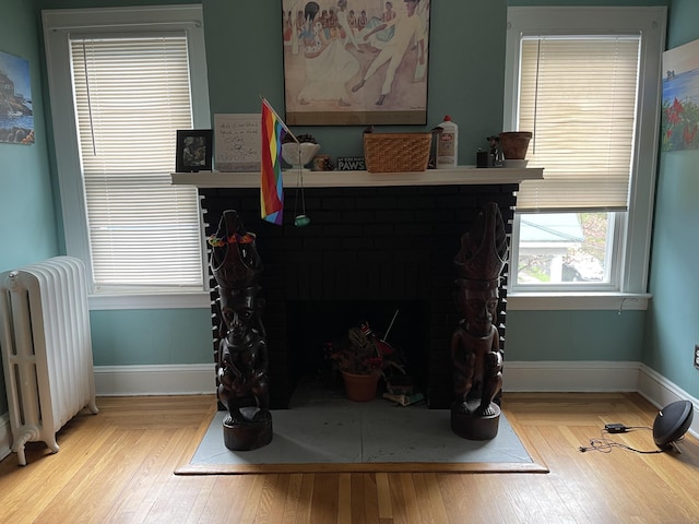 interior details with hardwood / wood-style flooring and radiator