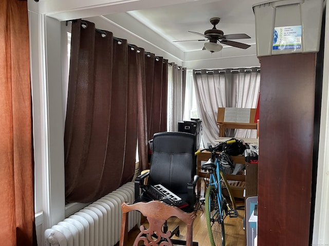 office space with ceiling fan, wood-type flooring, and radiator heating unit