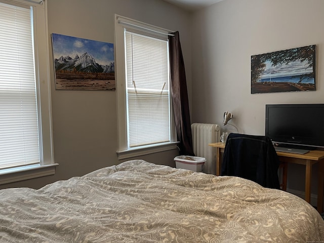 bedroom featuring multiple windows and radiator