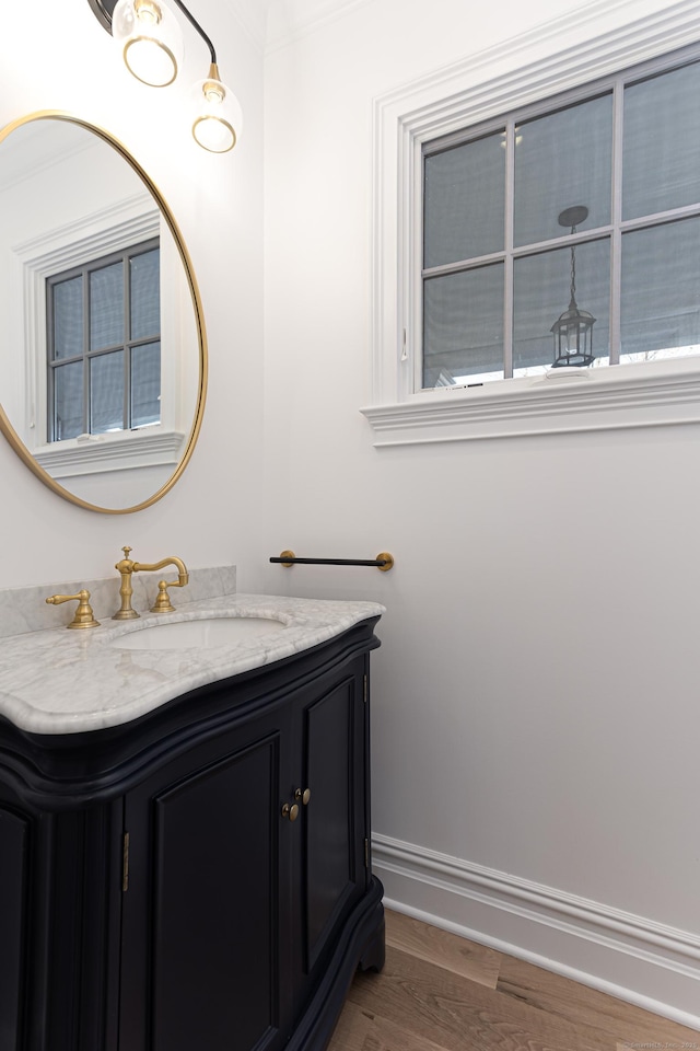 bathroom with vanity, a wealth of natural light, and wood-type flooring