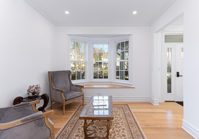 living area featuring light wood-type flooring and crown molding