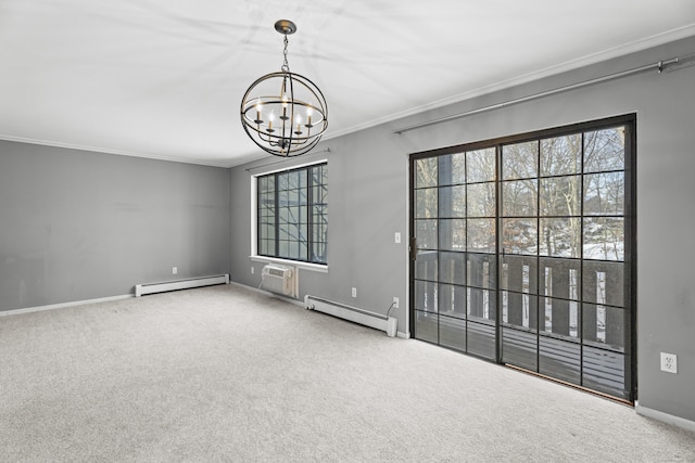 carpeted spare room with a baseboard radiator, ornamental molding, a wall mounted AC, and an inviting chandelier