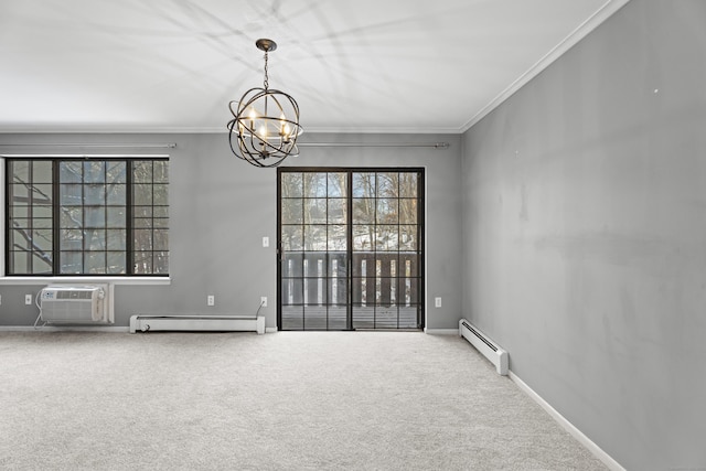 carpeted empty room with an inviting chandelier, a baseboard heating unit, crown molding, and a wall mounted AC