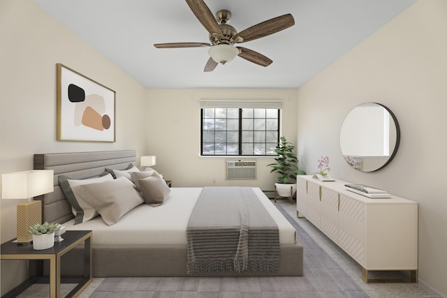 bedroom featuring ceiling fan and a wall mounted AC